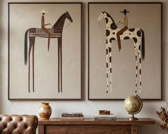2P Hand-Painted Abstract Rider Horse Canvas Art:Wabi Sabi Art,Figure Wall Decor