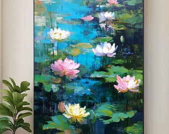 Original Hand Painted Lotus Flower Oil Painting,Water Lily Wall Art,Impressionist Floral Landscape Art