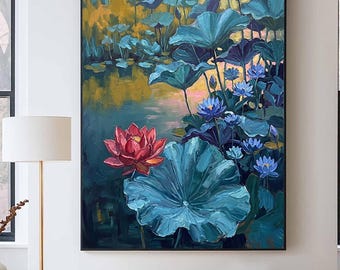 Hand-Painted Lotus Pond Oil Painting,Impressionist Water Lily Wall Decor