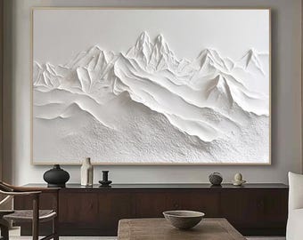 3D Textured White Mountain Painting,Large Abstract Mountain Canvas Art,Modern Living Room Wall Decor