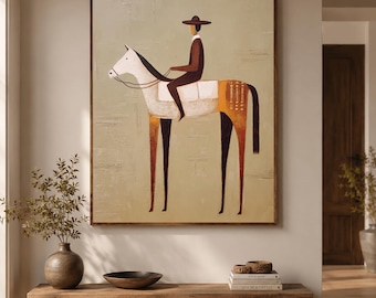 Hand Painted Cowboy Oil Painting,Wabi Sabi Wall Art,Minimalist Horse Textured Western Decor