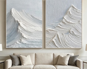 Set of 2 White 3D Textured Mountain Painting:Minimalist Wall Art,Living Room Decor