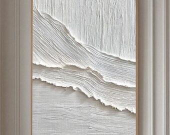 3D White Textured Canvas Art,Minimalist Wabi Sabi Wall Decor,Hand-Painted White Abstract Painting