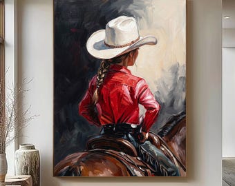 Original Cowgirl Oil Painting,100% Hand-Painted Acrylic Western Art,Textured Canvas Painting,Red Shirt Equestrian Farmhouse Decor