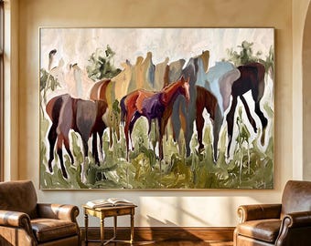 Modern Horse Landscape Painting,Abstract Horses Crowd Painting,Living Room Home Decor