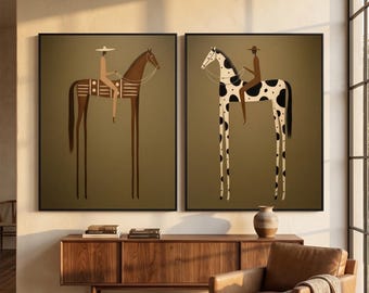 Set of 2 Abstract Rider Horse Canvas Art, Hand-Painted Western Home Decor