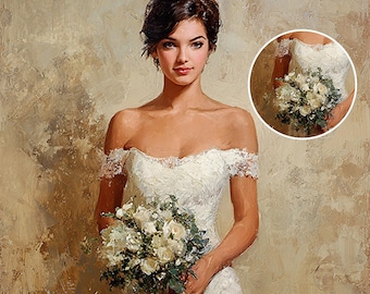 Retrato personalizado a partir de la foto de la novia: Obra de arte pintada a mano para aniversario, regalo de boda.