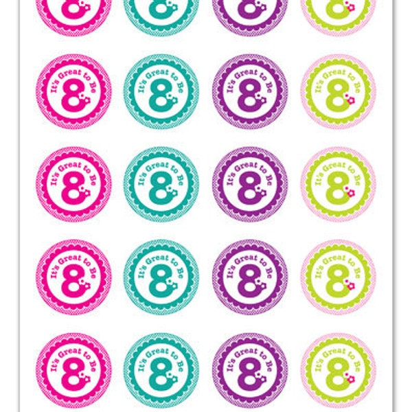 Its Great To Be 8 (flower design) - 1 inch Graphic Rounds in Printable 5x7 Collage Sheet