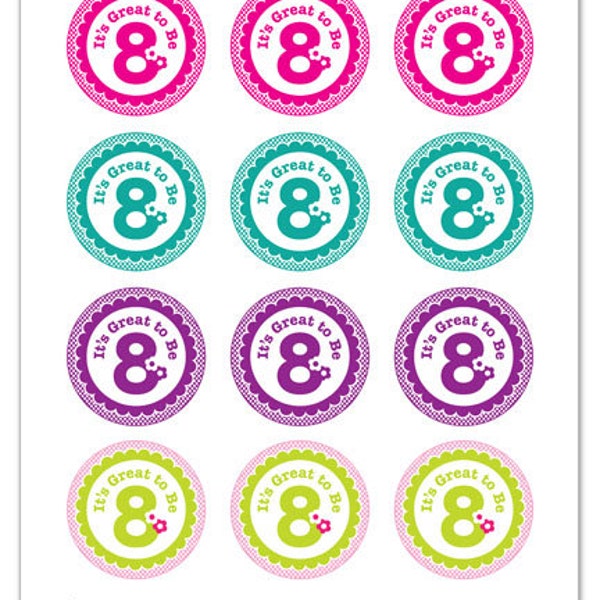 Its Great To Be 8 (flower design) - 2 inch Graphic Rounds in Printable 8x10 Collage Sheet