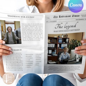 Modello Canva per giornale di pensionamento, modello modificabile, regalo personalizzato per pensionamento, regali per colleghi, pensionamento personalizzato