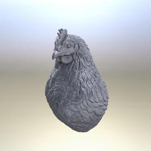 May include: A gray sculpture of a chicken's head and upper body. The chicken has detailed feathers and a prominent comb. The sculpture is set against a gradient background, with a focus on the bird's textured surface.