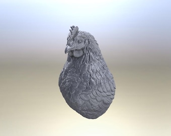 May include: A gray sculpture of a chicken's head and upper body. The chicken has detailed feathers and a prominent comb. The sculpture is set against a gradient background, with a focus on the bird's textured surface.