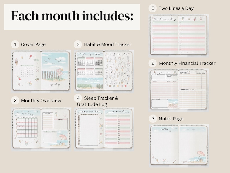 May include: A planner with beach-themed illustrations. The planner includes a cover page, monthly overview, habit and mood tracker, sleep tracker, gratitude log, two lines a day, monthly financial tracker, and notes page.