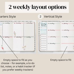 May include: Two weekly planner layout options are shown: Quarters Style and Vertical Style. The planners have space for notes, to-do lists, or habit trackers. The text says "July Week 27". The planners are decorated with ice cream and sunglasses.