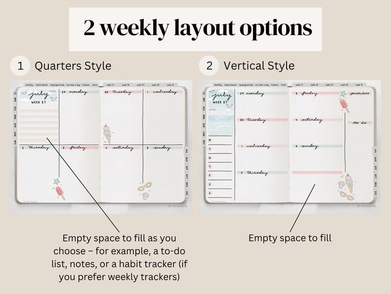 May include: Two weekly planner layout options are shown: Quarters Style and Vertical Style. The planners have space for notes, to-do lists, or habit trackers. The text says "July Week 27". The planners are decorated with ice cream and sunglasses.