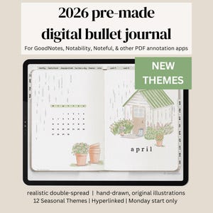 Puede incluir: Un diario de viñetas digital para 2026 en una tableta. El diario muestra una doble página con un calendario y una ilustración dibujada a mano de una pequeña casa. El texto incluye "NEW THEMES" y "abril". Diseñado para GoodNotes, Notability y otras aplicaciones de anotación.