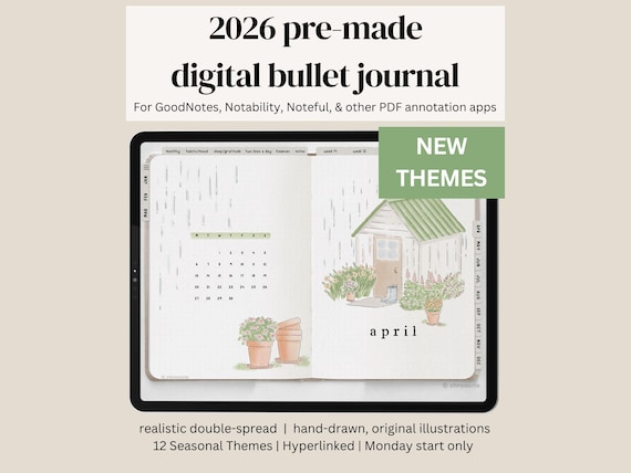 2026 Premade Realistic Digital Journal, Hand Drawn Original Illustrated Themes, Digital Bullet Journal, iPad Planner, Dated 2026 Planner