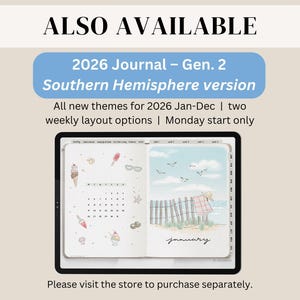 May include: A digital journal displayed on a tablet, featuring a beach-themed illustration for January. The journal is labeled "2026 Journal - Gen. 2 Southern Hemisphere version." The image includes text: "All new themes for 2026 Jan-Dec | two weekly layout options | Monday start only."