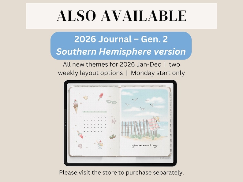 May include: A digital journal displayed on a tablet, featuring a beach-themed illustration for January. The journal is labeled "2026 Journal - Gen. 2 Southern Hemisphere version." The image includes text: "All new themes for 2026 Jan-Dec | two weekly layout options | Monday start only."