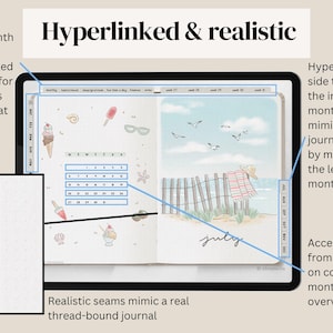 May include: Digital planner displayed on a tablet, featuring a beach theme with illustrations of ice cream, sunglasses, and a calendar. The planner includes hyperlinks, side tabs, and a realistic thread-bound journal design. The word "July" is visible.