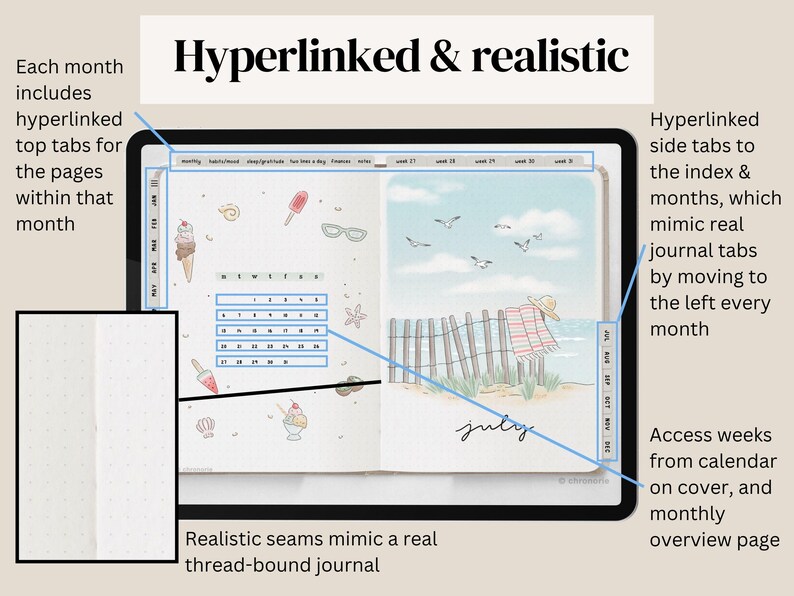 May include: Digital planner displayed on a tablet, featuring a beach theme with illustrations of ice cream, sunglasses, and a calendar. The planner includes hyperlinks, side tabs, and a realistic thread-bound journal design. The word "July" is visible.