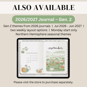 May include: A digital journal displayed on a tablet, featuring a calendar and a pumpkin patch illustration. The journal is open to a September page. Text at the top reads "ALSO AVAILABLE" and "2026/2027 Journal - Gen. 2". Additional text provides details about the journal.