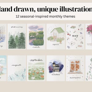 May include: A collection of 12 hand-drawn illustrations, each representing a different month of the year. The artwork features seasonal themes, including landscapes, flora, and architectural elements. Text at the top reads "Hand drawn, unique illustrations".