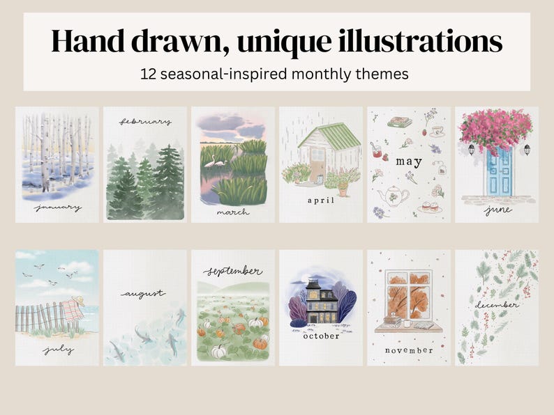May include: A collection of 12 hand-drawn illustrations, each representing a different month of the year. The artwork features seasonal themes, including landscapes, flora, and architectural elements. Text at the top reads "Hand drawn, unique illustrations".