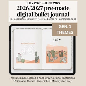 Puede incluir: Un diario digital tipo bullet journal para 2026-2027 en una pantalla de tableta. La doble página abierta muestra un calendario de julio con ilustraciones de cactus, un paisaje desértico y pestañas. El texto incluye July 2026-June 2027.
