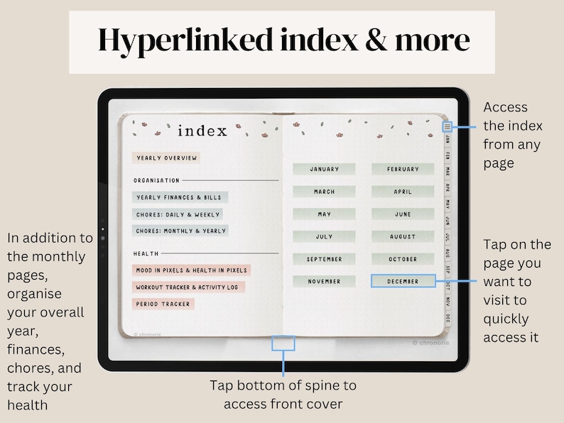 May include: A digital planner displayed on a tablet, featuring a hyperlinked index. The planner's index includes sections for yearly overview, finances, chores, and health tracking. The screen shows a calendar with months and the text "Hyperlinked index & more".