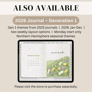 May include: A digital journal displayed on a tablet, open to a March page with a floral illustration. The journal is labeled "2026 Journal - Generation 1" and includes text about weekly layouts and seasonal themes.