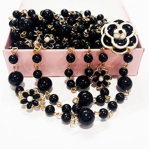 Black Pearl Camellia Flower Long Necklace: Elegant Layered Floral Jewelry - New Style!