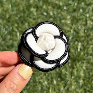 Mini Classic White & Black Contrast-Outlined Camellia Flower Brooch