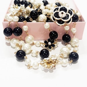 Long Layered Pearl Necklace: Black & White Beaded Chain with Camellia Charms - New Style!