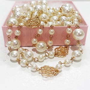 Pearl Camellia Charm Necklace: Gold Filigree Flower, Beaded Double Strand