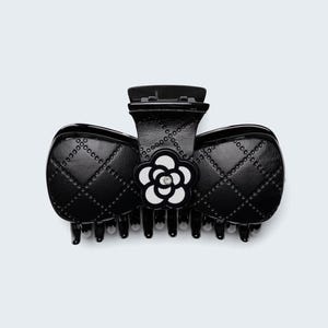 Jumbo Quilted Camellia Hair Claw Clip: Faux Leather Bow Grip