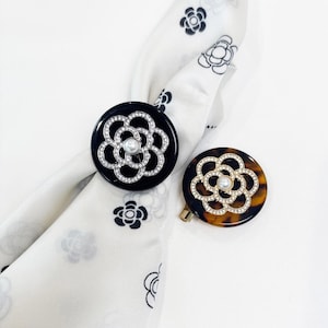 Rhinestone Camellia Scarf Ring: Pearl Center, Silver or Gold