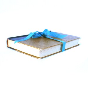 May include: A brown leather-bound book with a blue ribbon tied around it in a bow.