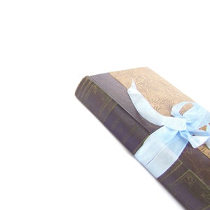 May include: A brown leather-bound book with a light blue ribbon tied around it. The book has gold lettering on the spine.