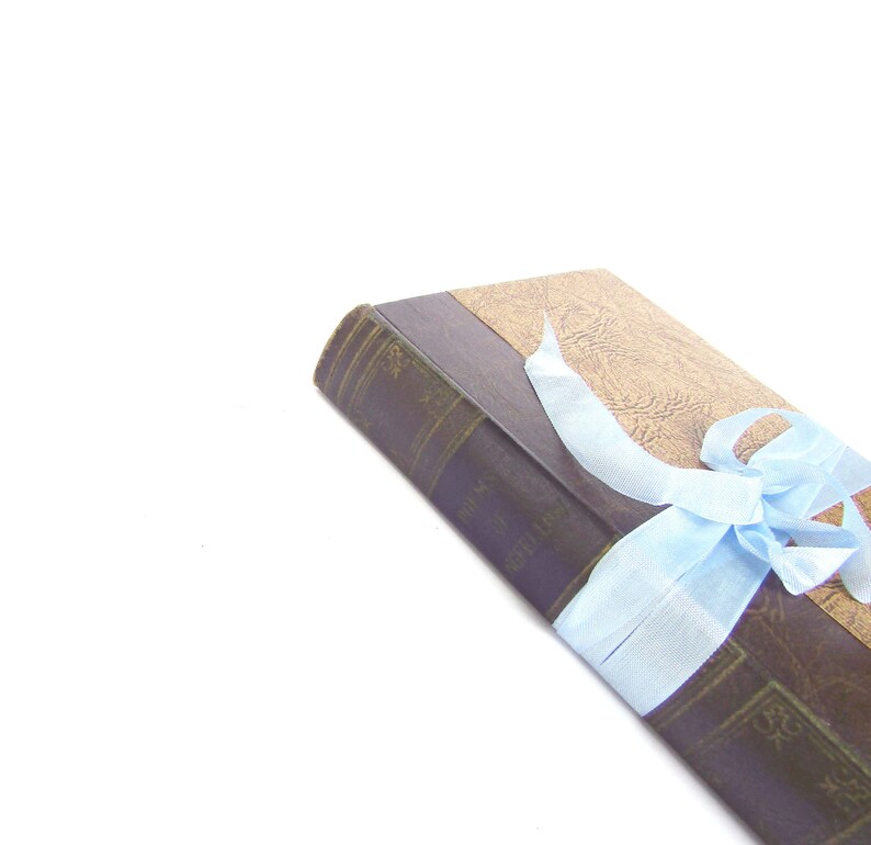 May include: A brown leather-bound book with a light blue ribbon tied around it. The book has gold lettering on the spine.
