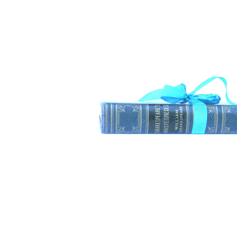 May include: A blue book with gold lettering titled "Shakespeare's Masterpieces" by William Shakespeare, wrapped in a light blue ribbon.