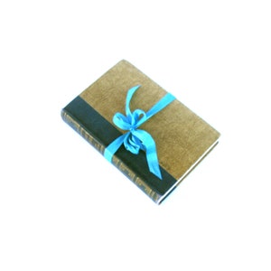 May include: A brown book with a black spine and a blue ribbon tied around it in a bow.