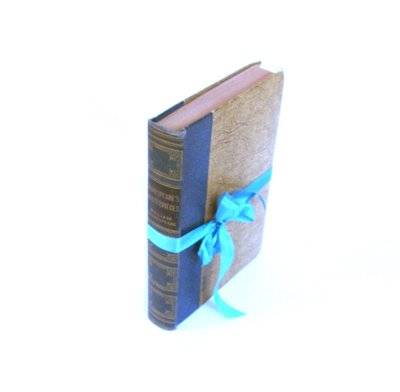 May include: A vintage book titled "Shakespeare's Masterpieces" by William Shakespeare is wrapped in brown paper and tied with a blue ribbon.