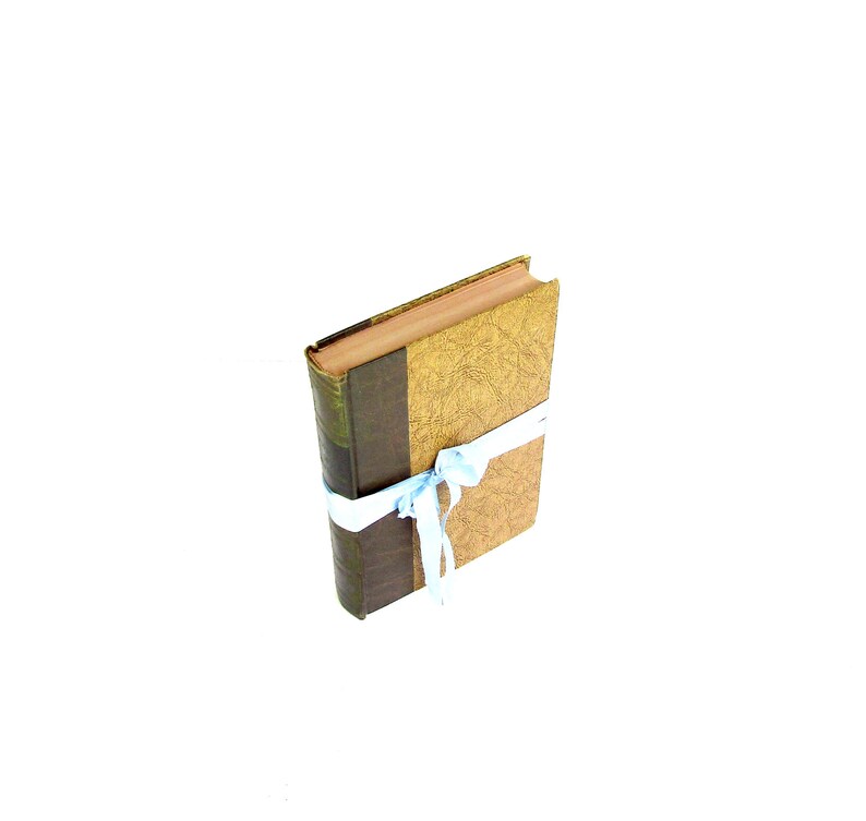 May include: A brown and green hardcover book with a light blue ribbon tied around it.
