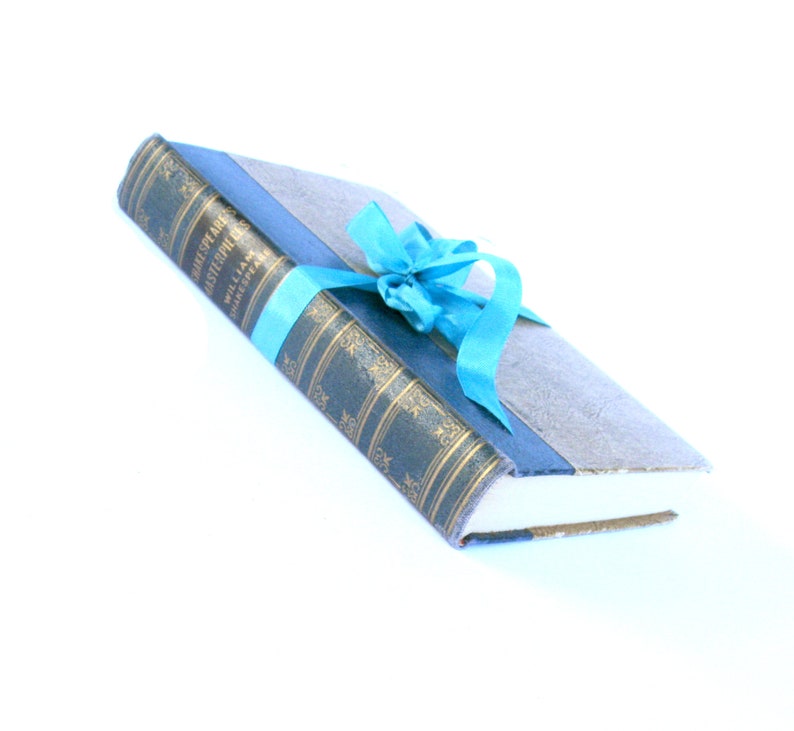 May include: A blue book with gold lettering and a blue ribbon tied around it. The book is titled "Shakespeare's Masterpieces" by William Shakespeare.