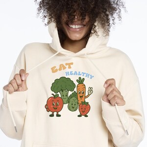 Vintage Fruit and Vegetable Graphic Hoodie, Eat Healthy 70s Style Sweatshirt, Unisex, Men Women Fashion, Retro Foodie Gift, Organic