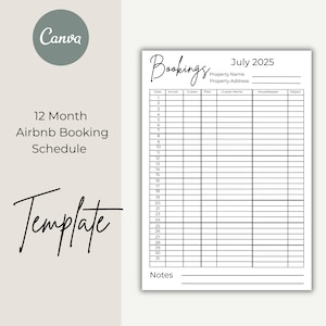 Könnte beinhalten: Eine weiße 12-Monats-Airbnb-Buchungsplanvorlage. Die Vorlage enthält Felder für Datum, Ankunft, Gäste, Haustiere, Gastname, Haushälterin und Abreise. Das Wort "Bookings" ist oben in Kursivschrift geschrieben, mit dem Monat und dem Jahr Juli 2025.