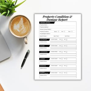 May include: A printable property condition and damage report form with sections for property details, bathrooms, kitchen, lounge room, laundry, bedrooms, and outside/miscellaneous. Each section has fields for damage details and whether photos were taken.