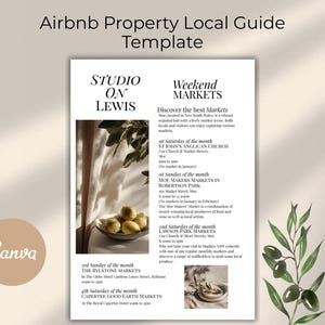Puede incluir: Plantilla de guía local para propiedades de Airbnb. El diseño presenta los textos "Studio on Lewis" y "Weekend Markets". Incluye una foto de limones en un cuenco y una ramita de vegetación.