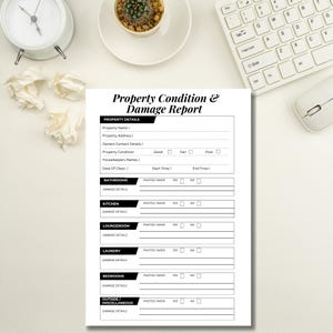 May include: A printable property condition and damage report form with sections for property details, bathrooms, kitchen, lounge room, laundry, bedrooms, and outside/miscellaneous. Each section includes fields for photos taken, damage details, and a yes/no checkbox.